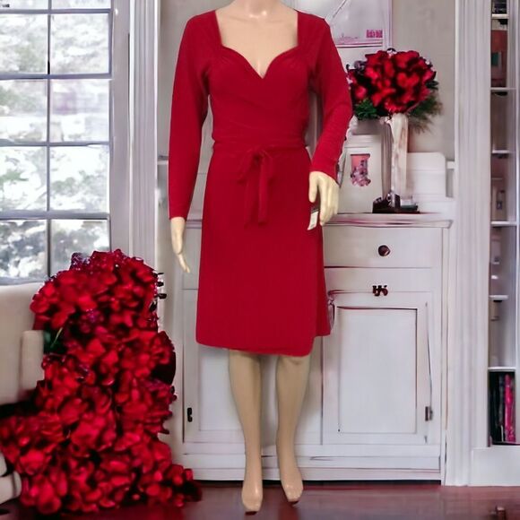 Norma Kamali Sweetheart Dress M True Wrap Red Slinky Knit Long Sleeve NEW Flowy. - Picture 12 of 16